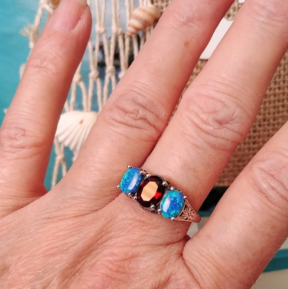 5CT Fire Garnet & Opal 925 Solid Sterling Silver - Picture 5 of 6